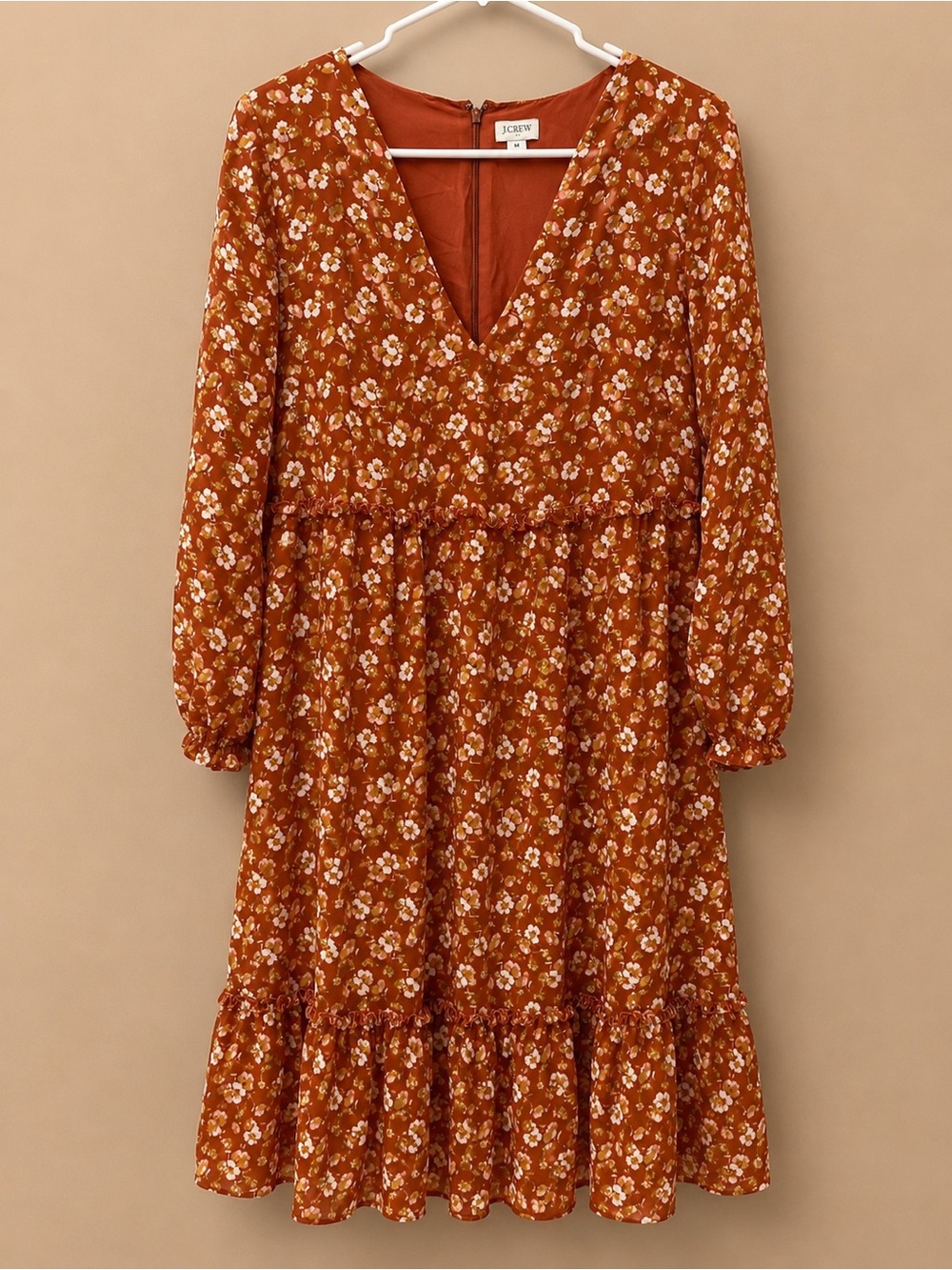 J. Crew Rust Floral Tiered V-Neck Long Sleeve Dress